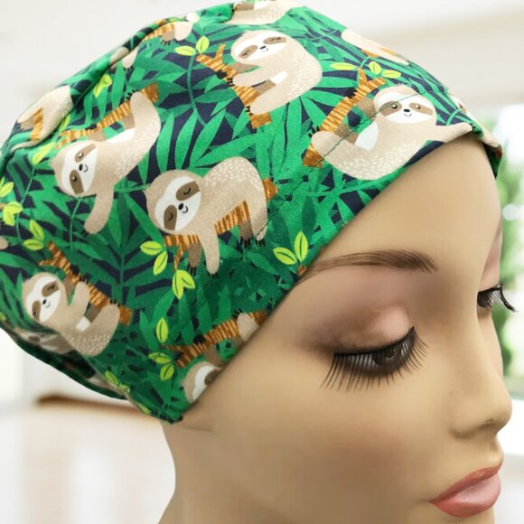 PREMIUM Sleepy Sloths ~Euro Scrub Cap~ Unisex Nurse Cap, CNA, MD, PA, NP, Tech. - Picture 2 of 4